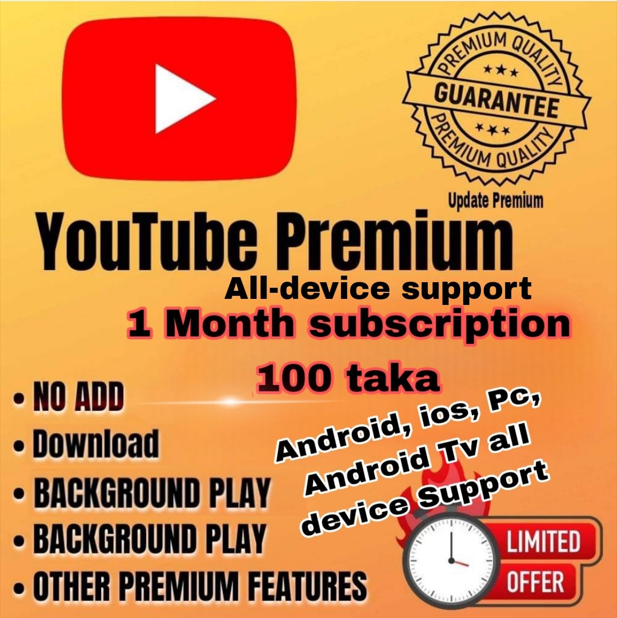 YouTube Premium 1 Month Subscription for Android, iPhone, and Computer.